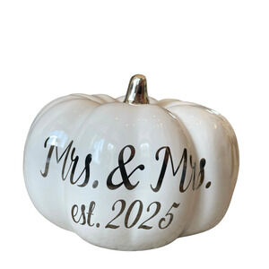 Martha Stewart MRS. & MRS. EST 2025 Ceramic Pumpkin White Silver Stem Small NEW